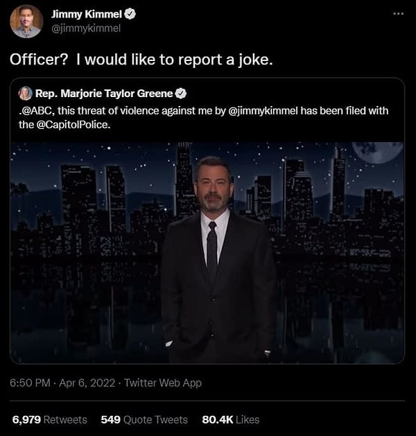 Jimmy Kimmel Reports "Snociopath" Marjorie Taylor Greene to Batman