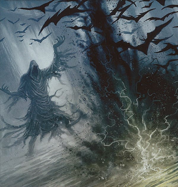 The art for A Display of My Dark Power, a scheme card from Archenemy, a supplemental set of oversized cards for Magic: The Gathering. Illustrated by Jim Nelson.
