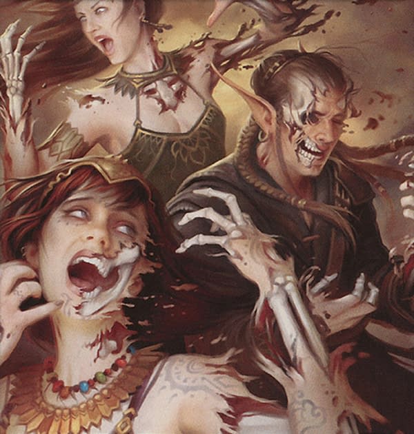 The art for Mortal Flesh is Weak, a scheme card from Archenemy, a supplemental set of oversized cards for Magic: The Gathering. Illustrated by Howard Lyon.