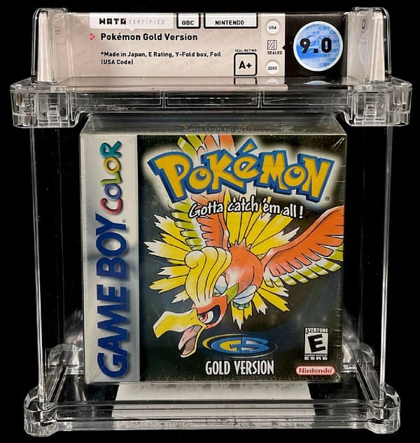 The front cover of the 9.0-graded, sealed copy of Pokémon Gold Version, currently available as part of Comic Connect's latest auction series.
