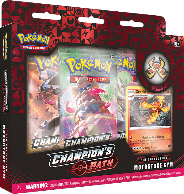 The Motostoke City Pin Collection boxed set from Champion's Path, a new expansion set for the Pokémon Trading Card Game.