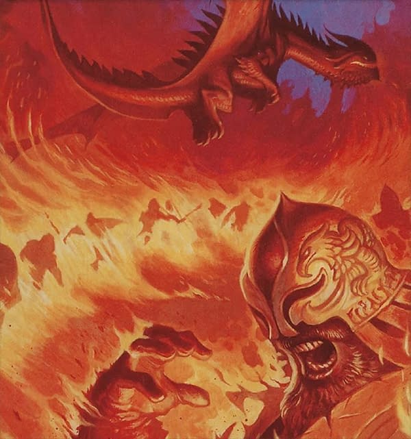 The art for Which of You Burns Brightest?, a scheme card from Archenemy, a supplemental set of oversized cards for Magic: The Gathering. Illustrated by Steve Prescott.