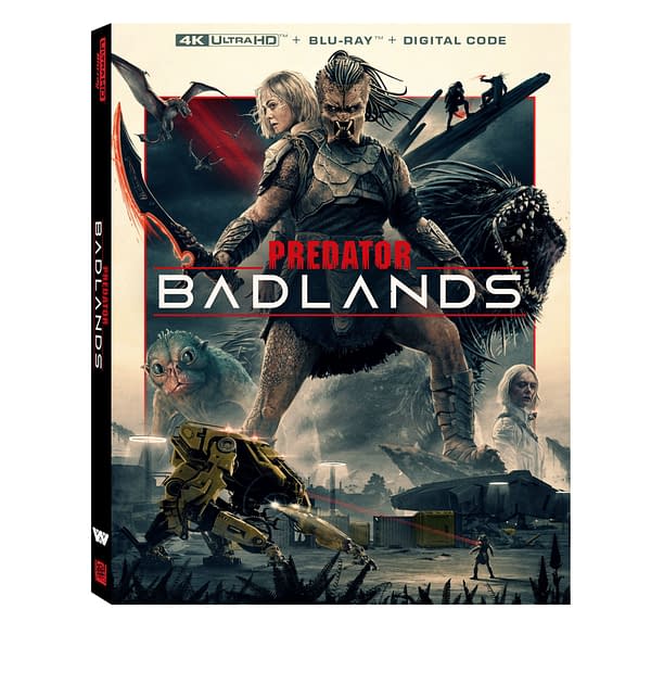 A 3D packshot for 'Predator: Badlands' featuring a fierce character in a battle stance with a futuristic landscape, other characters, and creatures in the background. The packshot highlights the title prominently, indicating it's available in 4K Ultra HD, Blu-Ray, and includes a digital code.