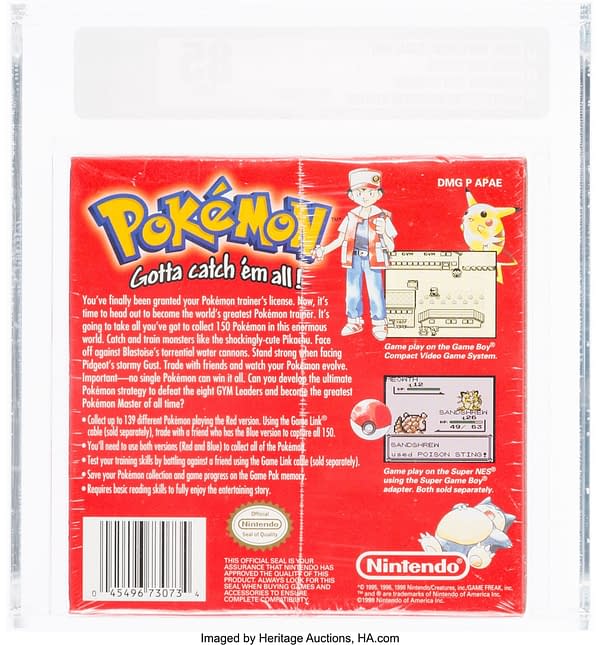 The back cover of the graded early-production copy of Pokémon Red Version for the Nintendo Game Boy handheld device. Currently available at auction on Heritage Auctions' website.