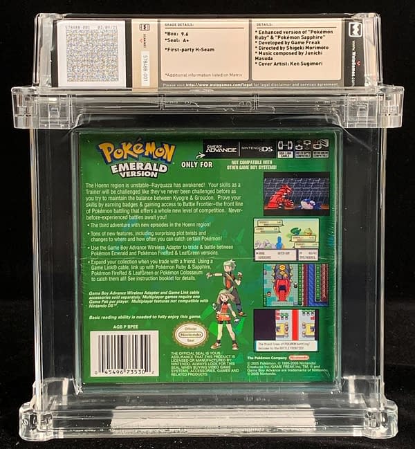 The rear face of the box for the 9.6-graded, WATA A+ copy of Pokémon Emerald, up for auction at Comics Connect.