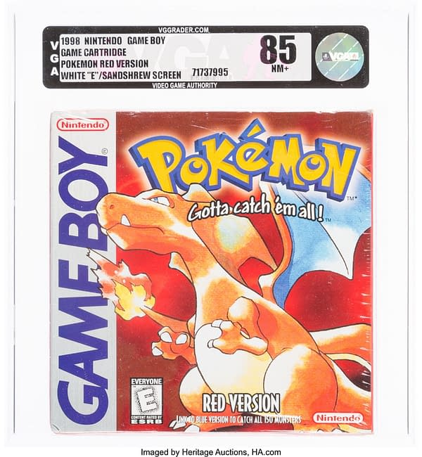 The front cover of the graded early-production copy of Pokémon Red Version for the Nintendo Game Boy handheld device. Currently available at auction on Heritage Auctions' website.
