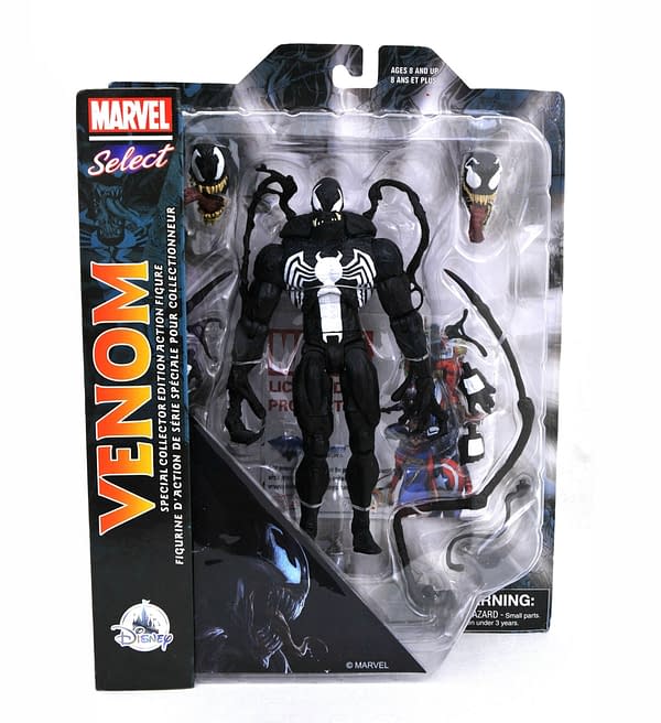 Venom has been unleashed for action-packed playtime adventures with this Marvel Select action figure inspired by the symbiotic nightmare from the Marvel Universe. Figure includes interchangeable hands, interchangeable heads and multiple accessories. Safety WARNING: CHOKING HAZARD - Small Parts. Not for children under 3 years. Magic in the details Poseable with 16 points of articulation Includes two additional sets of interchangeable open hands and closed fists Also includes two addtional interchangeable heads and multiple accessories Free standing Collect all our Marvel Select action figures, each sold separately Inspired by Venom The bare necessities Plastic 7 3/4'' H Imported