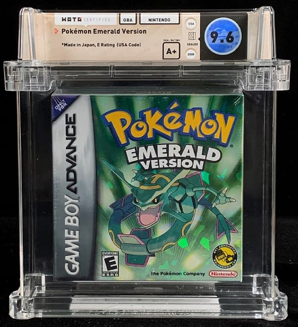 A rare, highly-graded WATA A+ copy of Pokémon Emerald, up for auction at Comics Connect right now!
