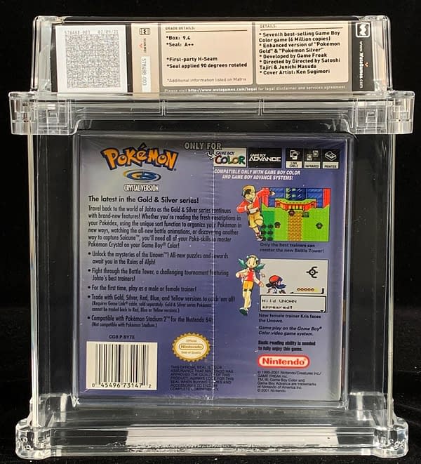 The rear face of a high-grade Pokémon Crystal version, up for auction at Comics Connect right now!