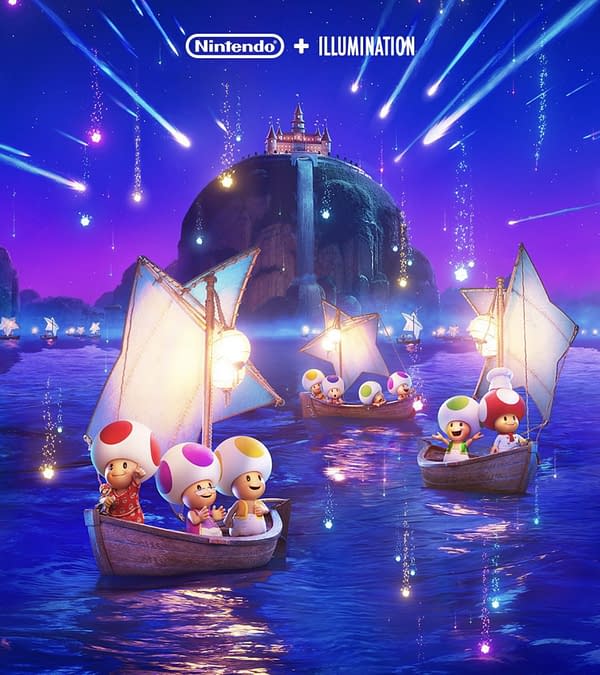 An illustration featuring several Toad characters from the Super Mario franchise in colorful boats on a serene lake, with a magical castle on a hill in the background and shooting stars illuminating a night sky. The image is connected to the upcoming Super Mario Galaxy movie.