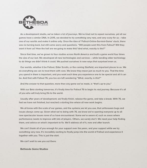 Bethesda Softworks Pens a Letter About Ongoing Support for Fallout 76