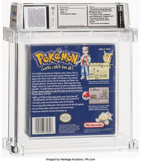 The back face of the box for the graded copy of Pokémon Blue Version for the Nintendo Game Boy. Currently available at auction on Heritage Auctions' website.
