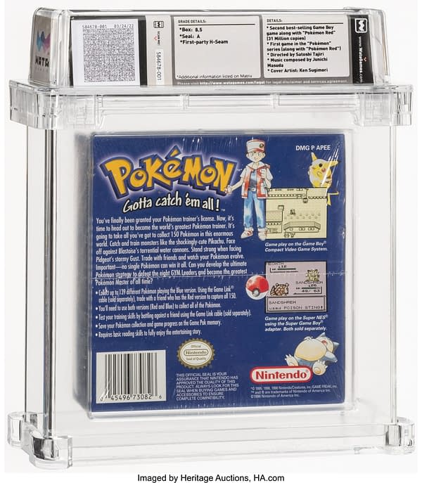 The back face of the sealed box for Pokémon Blue Version, a game for the Nintendo Game Boy handheld game system. Currently available at auction on Heritage Auctions' website.