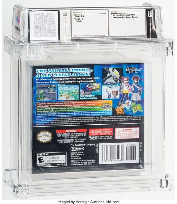 The back face of the sealed copy of Pokémon Black 2 for the Nintendo DS handheld gaming device. Currently available at auction on Heritage Auctions' website.