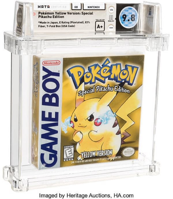 The front cover of Pokémon Yellow Version: Special Pikachu Edition. This copy, graded 9.8+ by Wata, is being auctioned at Heritage Auctions now!