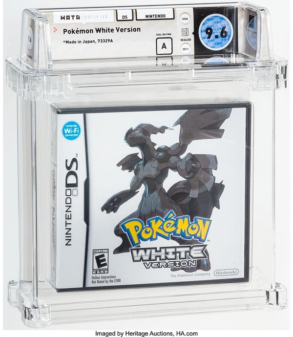 The front face of the sealed copy of Pokémon White Version for the Nintendo DS handheld gaming device. Currently available at auction on Heritage Auctions' website.