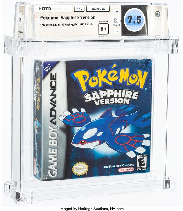 The front face of the sealed and graded copy of Pokémon Sapphire Version, a video game for the Nintendo Game Boy Advance handheld device. Currently available at auction on Heritage Auctions' website.