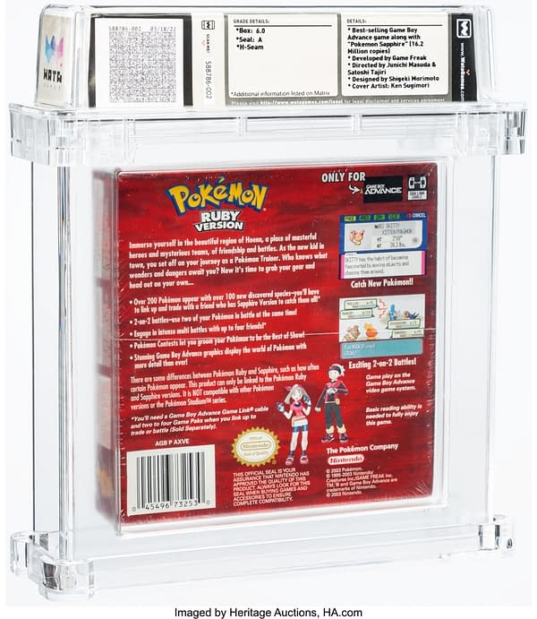 The back face of the sealed and graded copy of Pokémon Ruby Version, a video game for the Nintendo Game Boy Advance handheld device. Currently available at auction on Heritage Auctions' website.