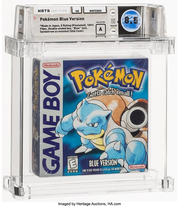 The front face of the sealed box for Pokémon Blue Version, a game for the Nintendo Game Boy handheld game system. Currently available at auction on Heritage Auctions' website.