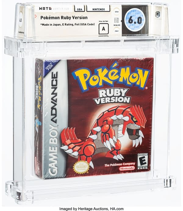 The front face of the sealed and graded copy of Pokémon Ruby Version, a video game for the Nintendo Game Boy Advance handheld device. Currently available at auction on Heritage Auctions' website.