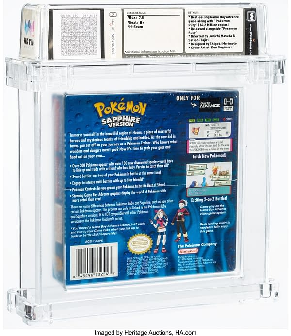 The back face of the sealed and graded copy of Pokémon Sapphire Version, a video game for the Nintendo Game Boy Advance handheld device. Currently available at auction on Heritage Auctions' website.