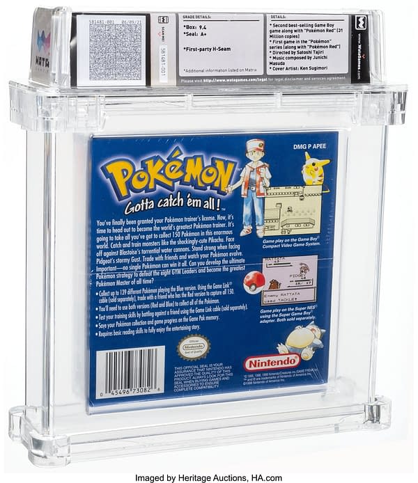 The back face of the box for the sealed copy of Pokémon Blue Version, one of the first entries into the Pokémon video game series in English. Currently available on auction at Heritage Auctions' website.