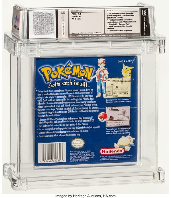 The back face of the sealed, graded copy of Pokémon Blue Version for the Nintendo Game Boy handheld gaming device. Currently available at auction on Heritage Auctions' website.