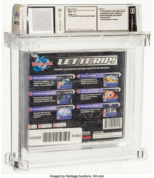 The back face of the graded case for Beyblade: Let It Rip! for the Sony PlayStation console. Currently available at auction on Heritage Auctions' website.
