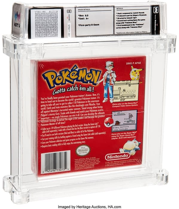 The back of the Wata-graded 8.0 A+ English copy of the Pokémon Red Version game for Game Boy Color, on auction at Heritage Auctions.