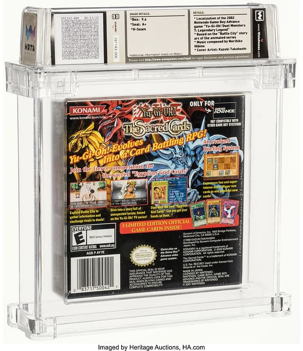 The back face of the graded, sealed box for Yu-Gi-Oh! The Sacred Cards, a video game for the Nintendo Game Boy Advance handheld system. Currently available at auction on Heritage Auctions' website.