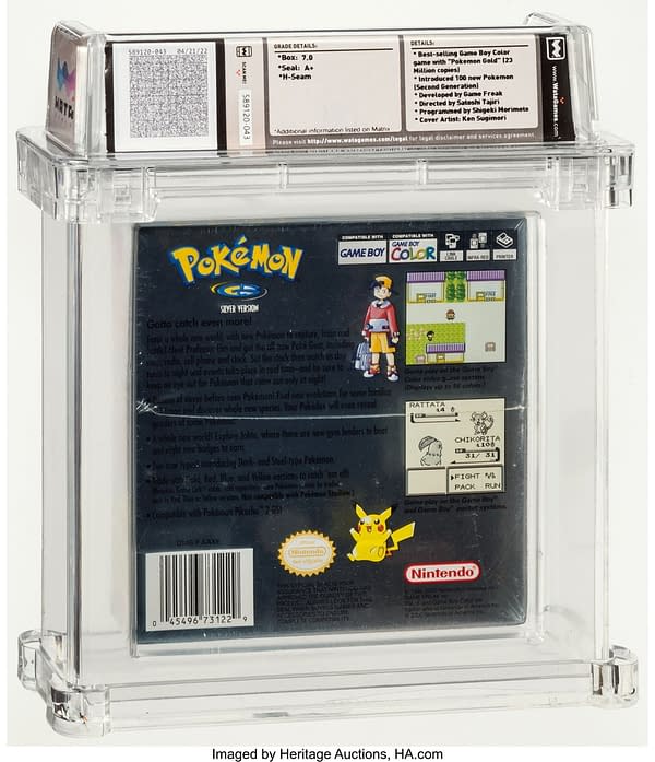 The back face of the sealed, graded copy of Pokémon Silver Version for the Nintendo Game Boy Color handheld gaming device. Currently available at auction on Heritage Auctions' website.