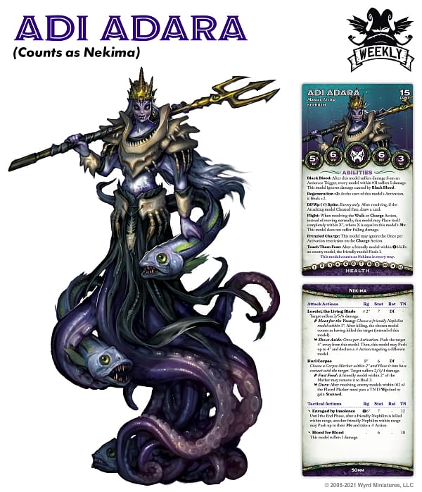 The art and both sides of the stat card for Adi Adara, the Nightmare Edition version of Nekima. Image attributed to Wyrd Games for their tabletop skirmish game Malifaux.