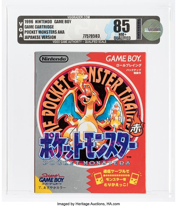 The front face of the Japanese copy of Pokémon Red Version for the Nintendo Game Boy handheld game device. Currently available at auction on Heritage Auctions' website.