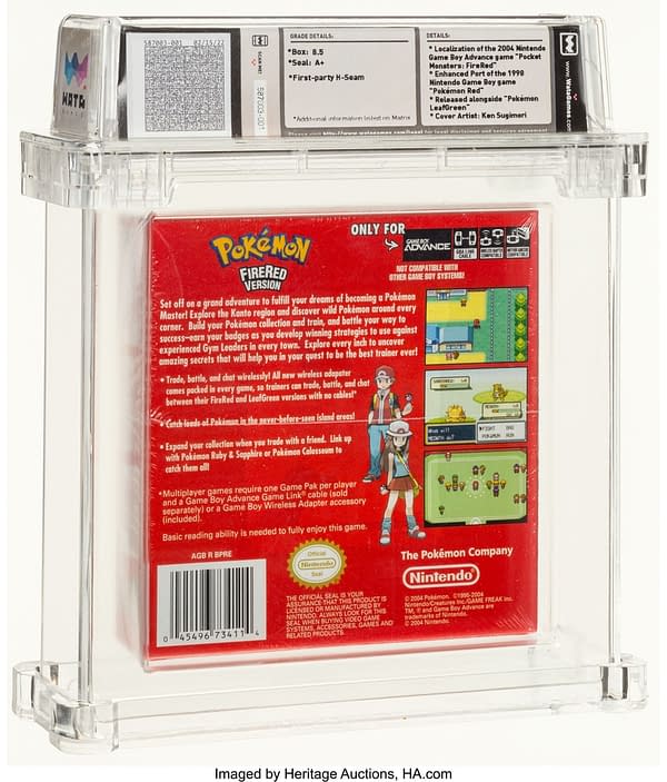 The back face of the box for the sealed, graded copy of Pokémon FireRed Version for the Nintendo Game Boy Advance. Currently available at auction on Heritage Auctions' website.
