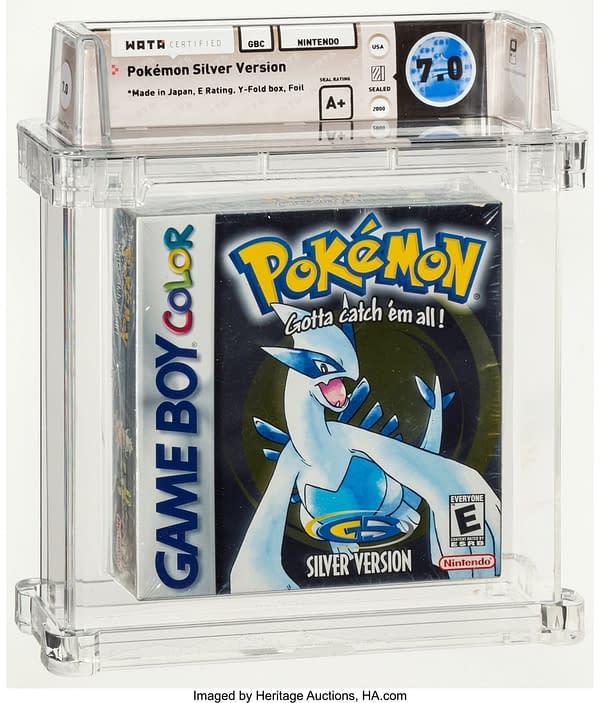 The front face of the sealed, graded copy of Pokémon Silver Version for the Nintendo Game Boy Color handheld gaming device. Currently available at auction on Heritage Auctions' website.