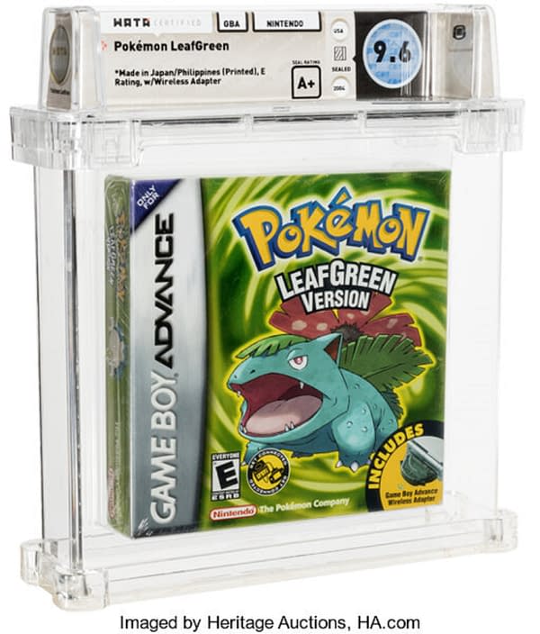 The front cover of the sealed box for Pokémon Leaf Green Version, on auction at Heritage Auctions now until January 17th.