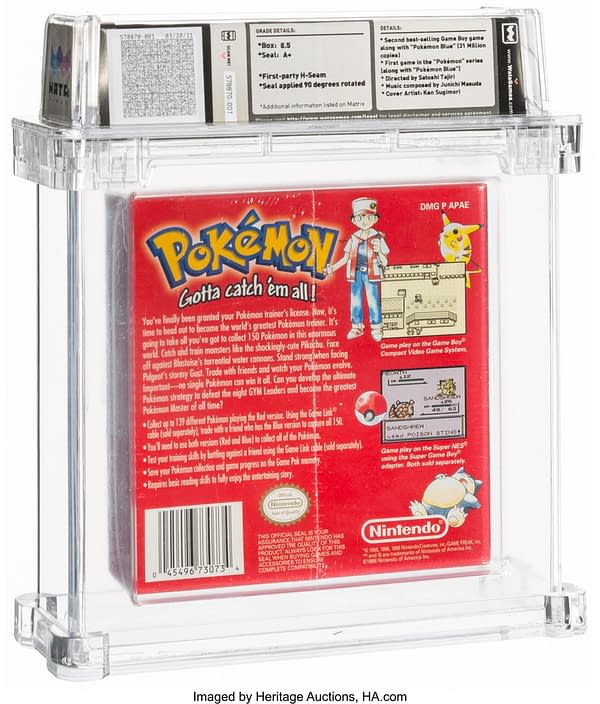 The back face of the graded, sealed copy of Pokémon Red Version for the Nintendo Game Boy handheld device. Currently available at auction on Heritage Auctions' website.