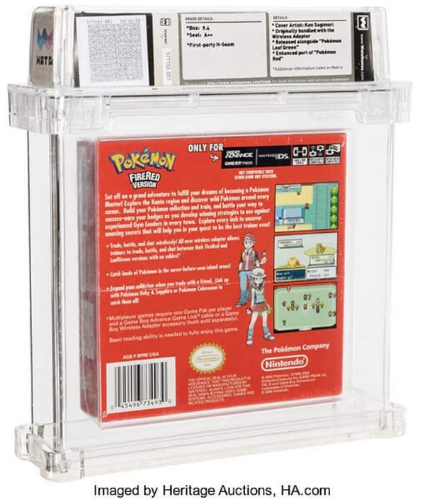 The back of the sealed box for the "Player's Choice" edition of Pokémon Fire Red Version, on auction at Heritage Auctions now until January 17th.