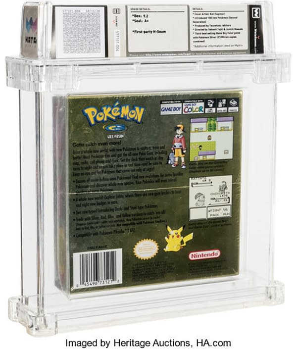 The back face of the box of Pokémon Gold, up for auction at Heritage Auctions right now! Again kindly note the holofoil finish which has not faded.