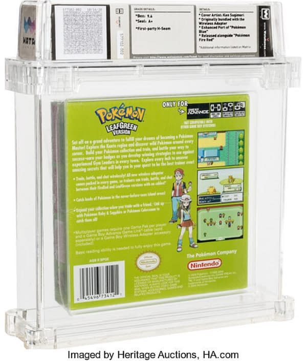 The back of the sealed box for Pokémon Leaf Green, on auction at Heritage Auctions now until January 17th.