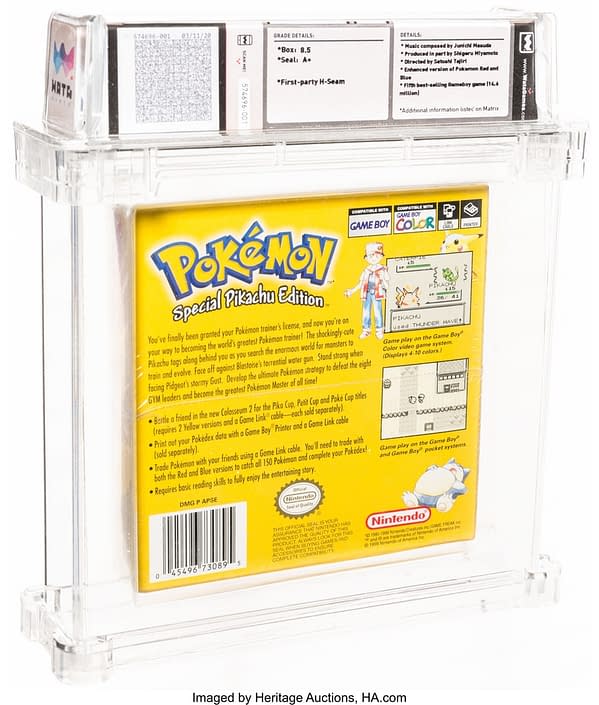 The back face of the box for the graded copy of Pokémon Yellow Version. Currently available at Heritage Auctions.