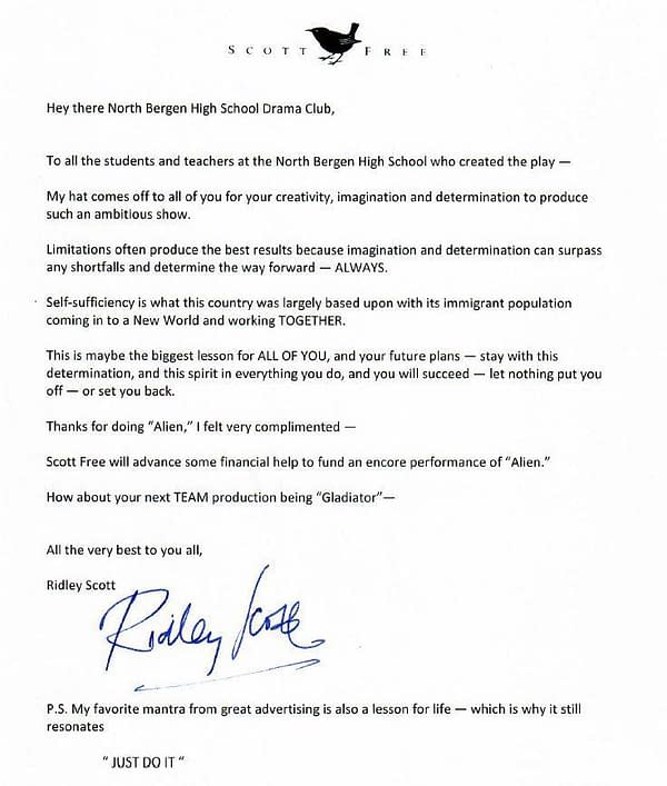 Ridley Scott's Letter to the 'Alien' High School Drama Club