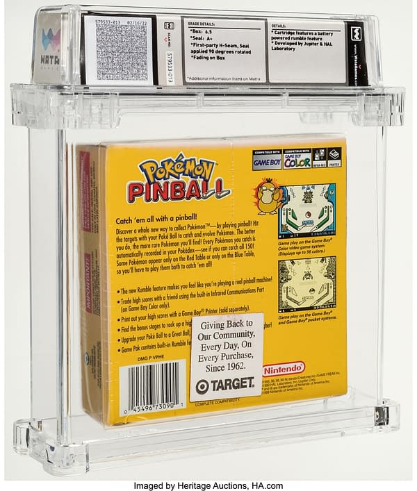 The back face of the box for Pokémon Pinball, a game for the Nintendo Game Boy Color handheld gaming device. As can be seen on the front of the box, this game's box is a bit sun-faded. Currently available at auction on Heritage Auctions' website.