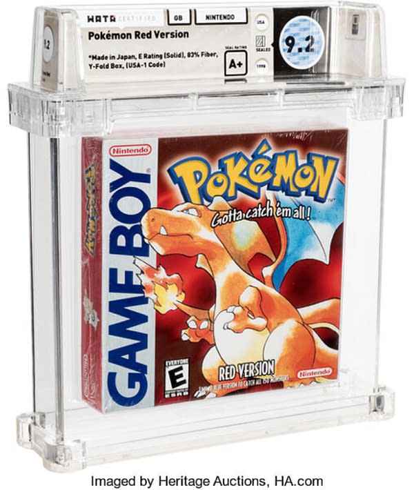 The front cover of Pokémon Red Version, a magnificent sealed game in great condition, up for auction at Heritage Auctions right now!
