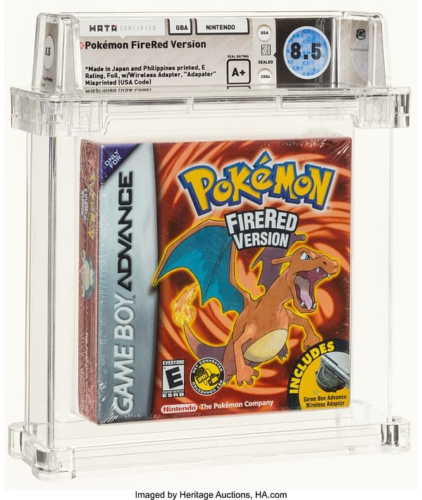 The front face of the box for the sealed, graded copy of Pokémon FireRed Version for the Nintendo Game Boy Advance. Currently available at auction on Heritage Auctions' website.