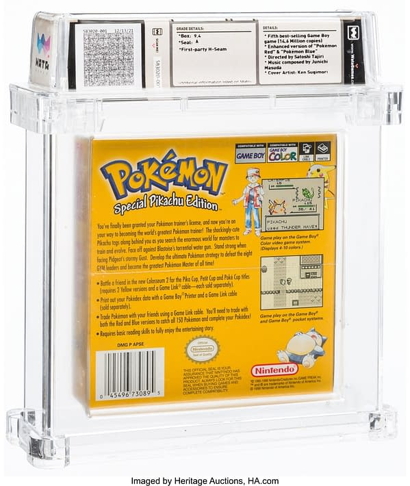 The back face of the graded, sealed copy of Pokémon Yellow Version: Special Pikachu Edition for the Nintendo Game Boy handheld device. Currently available at auction on Heritage Auctions' website.