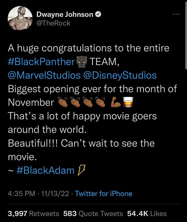 Black Adam Congratulates Marvel Studios On Black Panther Success
