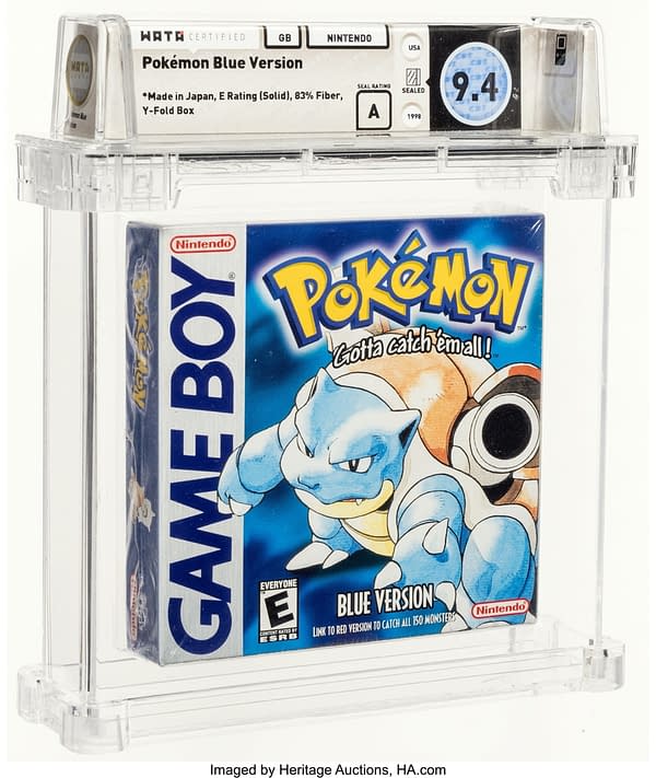 The front face of the box for the sealed, graded copy of Pokémon Blue Version for the Nintendo Game Boy. Currently available at auction on Heritage Auctions' website.