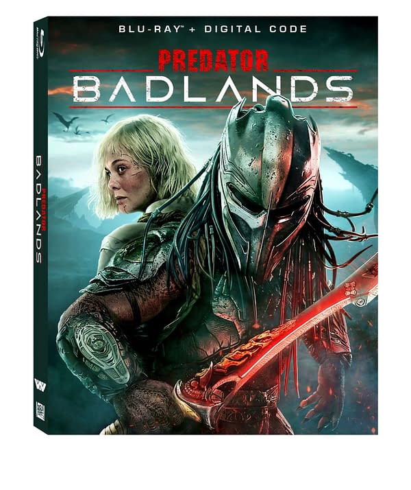 The Blu-ray cover for 'Predator: Badlands' features a warrior woman with light hair and a fierce alien predator wielding a glowing weapon against a dramatic background of mountains and dark skies.