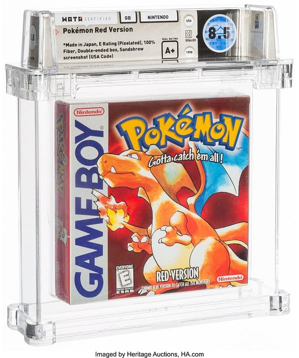 The front face of the graded, sealed copy of Pokémon Red Version for the Nintendo Game Boy handheld device. Currently available at auction on Heritage Auctions' website.